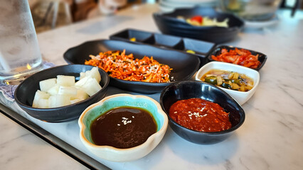 Korean side dish, vegetables, kimchi, salad and gochujang. Green onion kimchi, Pa-kimchi green onions called jjokpa. A delicious banchan for any Korean meal.