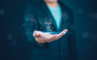 Fototapeta premium Chat Robot Artificial Intelligence Business Technology Digital Solutions Services Innovation Conversation Software Open AI Developed using real-time chat commands to create automated future