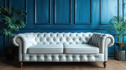 White sofa and blue wall with copy space. Interior design of modern living room