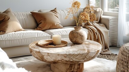 Flower vase on a marble coffee table in a modern white living room.