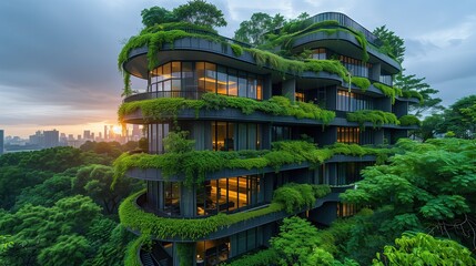 Naklejka premium Futuristic urban landscape combined with lush greenery. and the coexistence of cities and nature which is a symbol of sustainable urban living