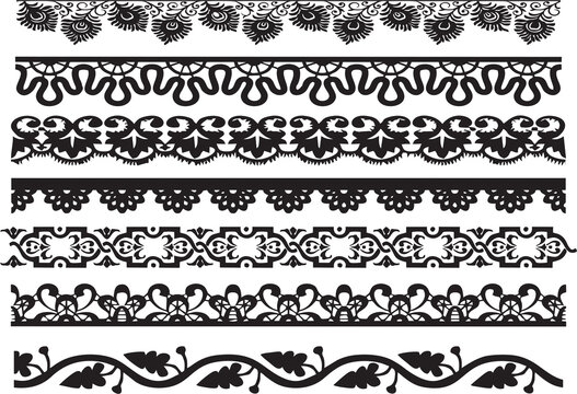 Collection of beautiful lace borders. Lace pattern elements. Vintage seamless figured lace borders for decoration. Lace borders in high quality, Seamless gorge. Easy to reuse in designing.