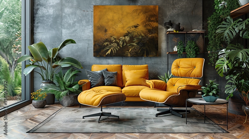 Wall mural Relaxation corner, living room with leather chairs For sitting and relaxing and a rectangular canvas picture frame on the wall decorated with air-purifying plants. With a modern style design