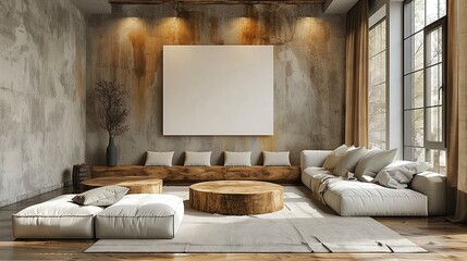 Modern white upholstered sofa with concrete wall with canvas in a white square frame. Minimalist style. Urban interior design of a modern living room.