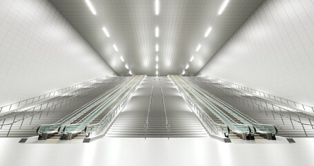 Escalator and stairs in modern architecture. 3D rendering.