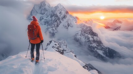 Fototapeta na wymiar Climbers watch the sunrise on the snowy peak, admiring the success of their efforts, the rewards of their efforts.