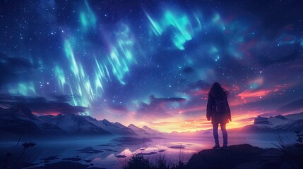 Bright aurora and girl on the mountain top at night Landscape with polar lights starry sky