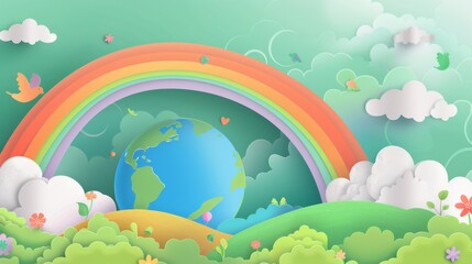 Save the earth, globe, cloud, recycling symbol, rainbow groovy style modern illustration. Great for marketing, advertising, banners, and social media posts.