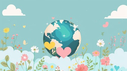 Fototapeta na wymiar Modern illustration of a happy Earth Day concept. Save the earth, globe, flower, heart hugging earth, cloud. It could be used for a Web page, banner, campaign, or a social media post.