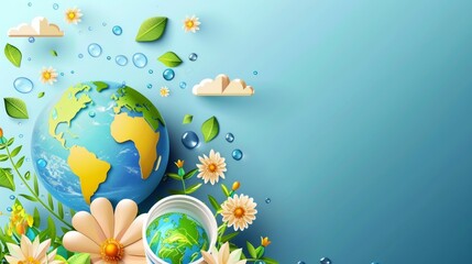 The concept of a happy earth day background includes a globe, recycling bin, water drop and a flower in a groovy style. An eco friendly illustration is suitable for web advertising, banners,