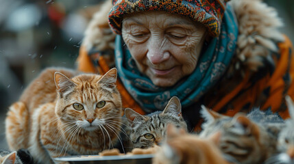 Fototapeta na wymiar A woman feeds stray cats on the street