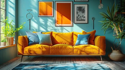 Living room with yellow sofa Bright colors with pillows on the sofa Modern and minimalist design