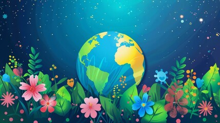 Earth day concept background modern. Save the earth, globe, flower groovy style. Eco friendly illustration design for web, banner, campaign, social media posts.