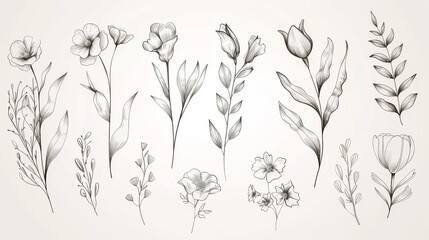 Set botanical modern elements. Foliage, branch, floral, eucalyptus leaves, tulip in line art. Minimal style blossom illustration design for logo, wedding, invitation, decor.