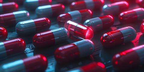 Heap of red white round capsule pills with medicine antibiotic in packages on black background,Red and white pills spilled on a black surface.

 - obrazy, fototapety, plakaty