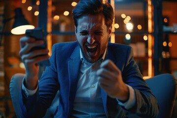 Close-up portrait of successful businessman, winner holding phone, man celebrating good results achievement received good news online, using app on smartphone inside office, Generative AI