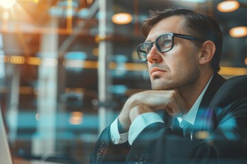 Young thinking businessman at workplace with laptop inside office, boss in glasses and business suit thinking about technical financial solutions, resting hand on chin, Generative AI