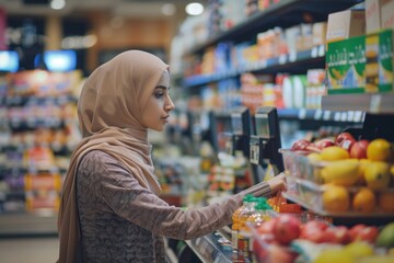 A woman buyer in a supermarket in a hijab pays for goods at a self-service checkout, convenient service for customers, Generative AI - obrazy, fototapety, plakaty