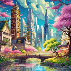 밝고 다채로운 애니메이션 스타일의 도시 풍경 - obrazy, fototapety, plakaty