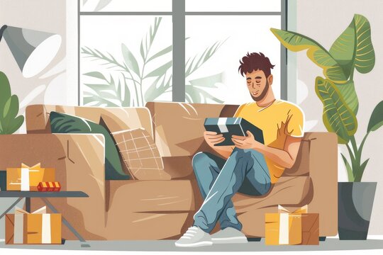 Joyful man at home on the sofa received a package, Latin American is satisfied with the purchase in the online store, writes a positive review using the application on the phone. Generative AI