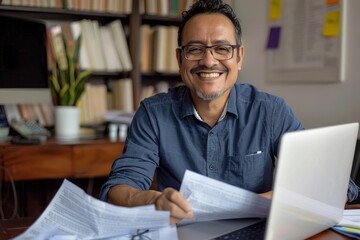 Hispanic financier on paperwork, young businessman investor checking papers, accounts contracts and statistical reports, man with laptop inside office smiling happy with achievement, Generative AI - obrazy, fototapety, plakaty