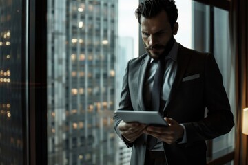 Businessman thinking serious and concentrated standing near the window inside the office, the man is holding a tablet computer in hands,using application, passionately reading from screen,GenerativeAI - Powered by Adobe