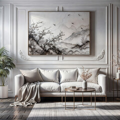 a living room with a white couch and a painting on the wall, an ultrafine detailed painting  featured on shutterstock, modern european ink painting, minimalist, stockphoto, stock photo