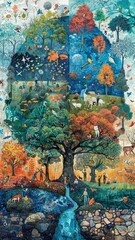 This detailed puzzle artwork beautifully showcases the four seasons with diverse flora, fauna, and human activities.