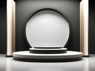 A blue and white podium with a gold ring around it, a 3D render design.