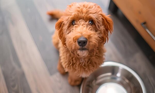 Golden Labradoodle dog looking up near a bowl of food. The concept of loyalty and anticipation.