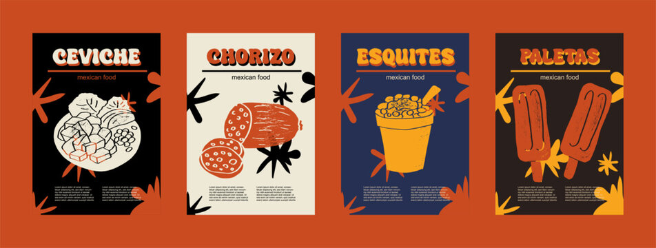 Mexican food set vector illustration. Engraved ceviche, chorizo, esquites, paletas, bundle of traditional dishes, homemade and restaurant dinner dishes and sauces cooking in cuisine of Mexico