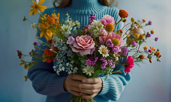 Young woman with a bouquet of flowers. Spring and freshness concept.