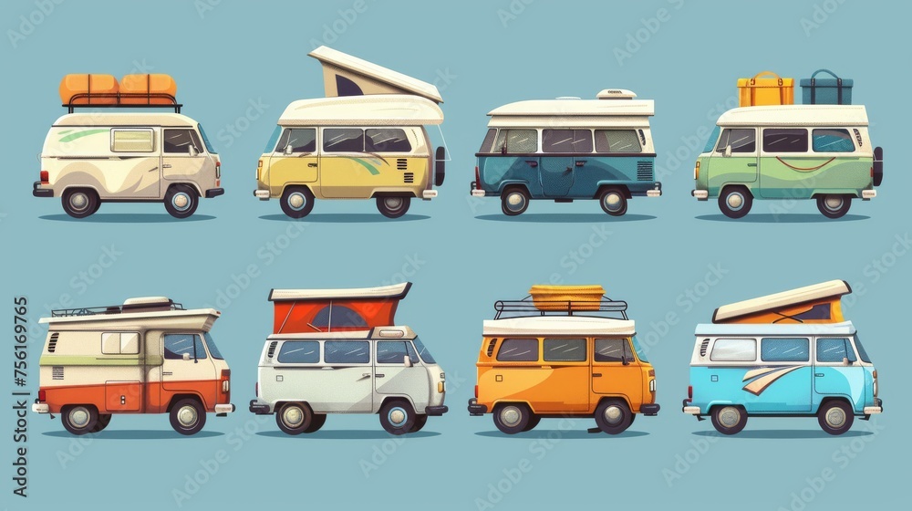 Wall mural a vintage rv trailer with baggage on top and open door for family travel. cartoon modern modern set 