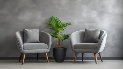 Pair of Sleek Grey Armchairs and Lush Greenery in a Contemporary Room with Textured Wallpaper