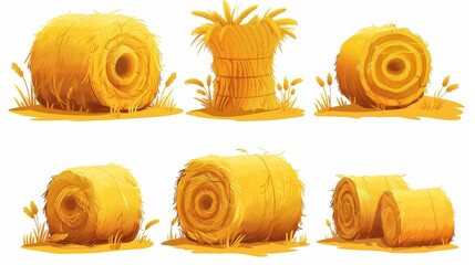 Cartoon illustration of hay stack and roll for farm designs. Cartoon modern illustration set of bale straw pile for fodder and forage, country animals care, or autumn harvest concept. Yellow