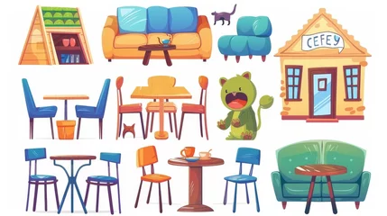 Muurstickers A set of pet friendly cafe design elements isolated on a white background. Modern cartoon illustration of coffee shop interior furniture, animal house and toys, table, chairs, and couch with colorful © Mark