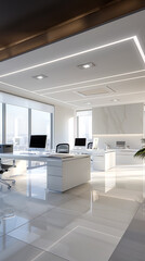Office space design, modern minimalist style. Plenty of space and requires a high-end feel and wide viewing angles. Large areas of the ceiling and walls are white