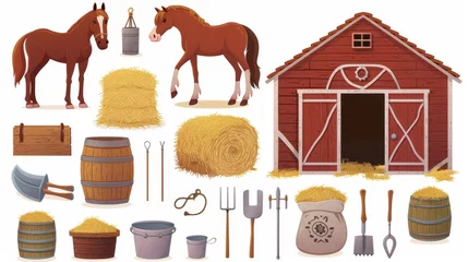 Gardinen Horse stable design isolated on white background. Modern cartoon illustration of farm animals, hay stacks, wooden barrels, pitchforks, shovels, metal buckets, fabric sacks, barn interior elements. © Mark