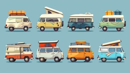 A vintage rv trailer with baggage on top and open door for family travel. Cartoon modern modern set of caravan car and motorhome for summer recreational vacation.