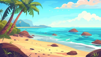 Fototapeta na wymiar Sunny summer day tropical coastline with blue sea, sand, rocks, palm trees, and clouds. Cartoon modern summer beach scene with calm water, sand, rocks, palm trees, and clouds.