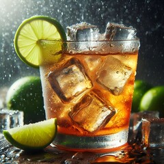 glass of cola with ice and lemon - obrazy, fototapety, plakaty