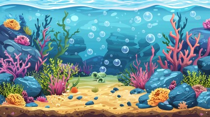 A cartoon nautical floor landscape with tropical aquatic creatures, corals, weeds, stones and bubbles. Underwater sea, ocean, or aquarium sand beds with fish and marine plants.