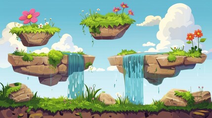 Floating rocky land islands with green grass, flowers and waterfalls. Cartoon modern illustration of fantasy flying stone platform with water stream. Videogame ground.