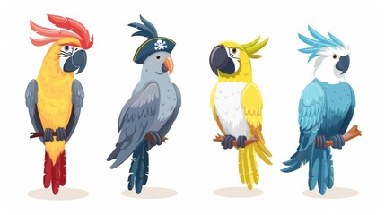 Set of color birds isolated on a white background. Cartoon illustration of exotic cockatoos, comic feathered mascots in pirate hats, gray dove and yellow canary, tropical landscapes.