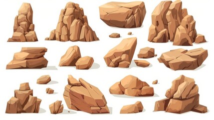 Detailed illustration of a set of rocky stones isolated on white background. Illustration of unbroken sandstone boulders in the wild west.