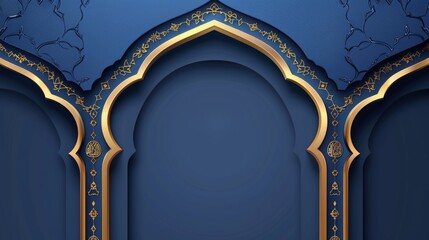 An arabic frame with a rectangular window for text and a header. A realistic modern illustration of a blue arch border with golden decoration. A simple text box and banner template are included. - obrazy, fototapety, plakaty