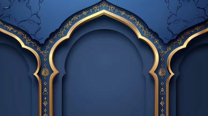 Foto op Plexiglas An arabic frame with a rectangular window for text and a header. A realistic modern illustration of a blue arch border with golden decoration. A simple text box and banner template are included. © Mark