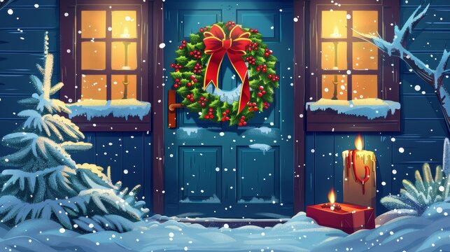 Xmas wreath on the front of a house, made of green branches with berries, ribbons with bows and candles covered with snow. Cartoon modern set, winter xmas house entrance.