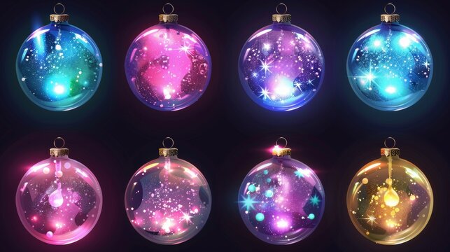 A realistic modern illustration set of colorful Christmas balls with bright sparkles. A New Year crystal ball with twinkles. A bubble toy round bubble ornament for the winter season.