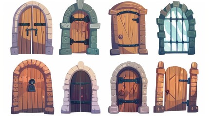 Isolated medieval wooden doors with iron doorknobs on a white background. Educational cartoon illustration of historic building design elements on a white background. - obrazy, fototapety, plakaty